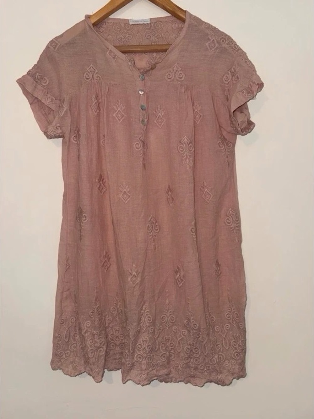 Boho Embroidered Short-Sleeve Dress in Dusty Rose